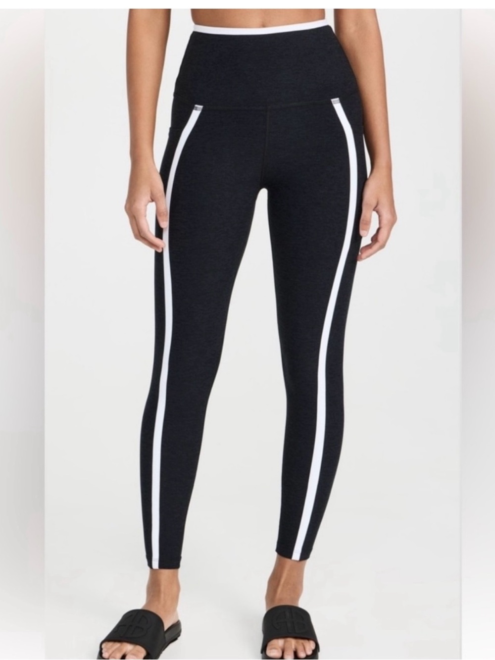 Beyond Yoga Black High-Waist Leggings with White Side Stripes